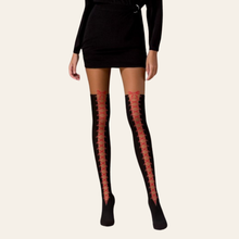Charger l'image dans la galerie, Collant fantaisie avec un effet jambière et lacet noir sur toute la jambe. Style sexy cabaret avec un short court, expédition rapide !