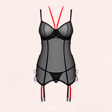 Charger l'image dans la galerie, Un jolie guêpière noire transparente pour femme de la marque Obsessive est disponible sur notre boutique en ligne en trois tailles différentes.