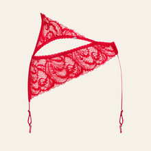 Charger l'image dans la galerie, Un médaillon argenté de la marque se positionne sur l'avant de la lingerie pour un coté chic du porte-jarretelles rouge Atenica pour femme.