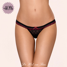 Charger l'image dans la galerie, Vente string en soldes, promotion en dentelle noire et rose pour femme.
