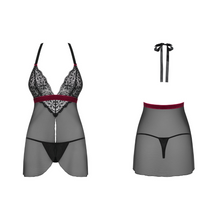 Charger l'image dans la galerie, Vente lingerie deux pièces comprenant une babydoll fluide et transparente et string noir ficelle assorti.