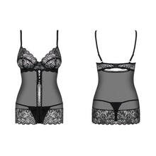 Charger l'image dans la galerie, Achat ensemble de lingerie deux pièces qui comporte une babydoll fluide transparente et un string noir en tissu assorti de la collection Camille, disponible sur notre site en ligne De Hot en Bas au meilleur prix pour femme.