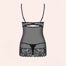 Charger l'image dans la galerie, L'ensemble Camille noire est composé d'une babydoll en dentelle à motif et un string noir assorti.