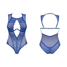 Charger l'image dans la galerie, Vente lingerie body une pièce pour femme fabriqué en dentelle douce et fine de couleur bleu de la collection Giselia à petit prix.