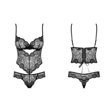 Charger l'image dans la galerie, Achat ensemble de lingerie body en dentelle de couleur noir pour femme de la collection Olivia disponible sur notre boutique érotique discrète à petit prix.