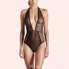 Charger l'image dans la galerie, Vente body en tulle transparent et dentelle fine noire pour femme de la collection Accroche Coeur.