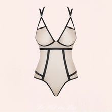 Charger l'image dans la galerie, Body beige et noir pour femme en tulle doux et transparent.