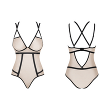 Charger l'image dans la galerie, Achat body en tulle beige transparent avec lanières noires sur le corps disponible au meilleur prix sur notre boutique de lingerie en ligne.