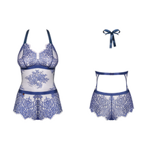Charger l'image dans la galerie, Ce magnifique body en dentelle transparente avec motif floral de couleur bleu est idéal pour vos soirées romantiques avec votre amoureux. Disponible sur notre boutique en ligne de lingerie en différentes tailles pour femme.