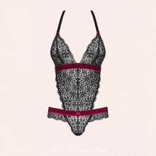 Charger l'image dans la galerie, Body pour femme en dentelle noire confortable et détails de couleur bordeaux en velours