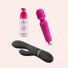 Charger l'image dans la galerie, Joli coffret composé d'un vibromasseur rabbit noir, un wand puissant et silencieux et un lubrifiant à base d'eau pour jouer avec vos sextoys.