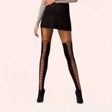 Charger l'image dans la galerie, Achat collant effet cuissarde avec laçage sexy de couleur noir opaque et transparent pour un style chic et érotique.
