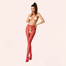 Charger l'image dans la galerie, Collant ouvert à l'entrejambe en résille rouge petite maille pour femme disponible en taille unique.