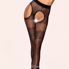 Charger l'image dans la galerie, Bas jarretelles en tissu noir transparent avec motif au niveau de la jarretière effet insert en dentelle pour un look très chic et coquin.