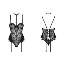 Charger l'image dans la galerie, Vente ensemble de lingerie deux pièces comportant une guêpière près du corps avec un magnifique laçage à l'arrière dans le dos et un string assorti de la marque Obsessive disponible sur notre boutique de lingerie au meilleur prix.