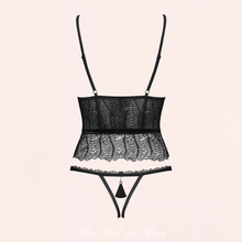 Charger l'image dans la galerie, Le corset Romanesa est vendu avec le string ouvert à l'entrejambe assorti.
