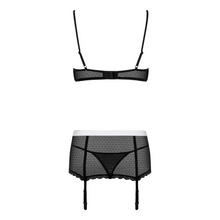 Charger l'image dans la galerie, Dentelle fine et transparente de couleur noir avec des petits détails de dentelle et d'une ceinture en satin blanche sur le porte-jarretelles.