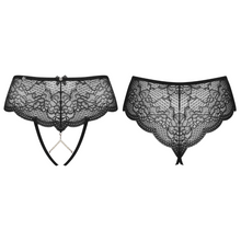 Charger l'image dans la galerie, Culotte en dentelle chic à motif floral de couleur noire avec perles blanches à l'entrejambe, disponible sur notre boutique de lingerie en ligne au meilleur prix.