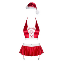 Charger l'image dans la galerie, Magnifique déguisement de Mère Noel pour femme contenant un bonnet avce fausse fourrure et pompon, un haut avec un laçage sexy, une juste avec string et jarretières réglables. Les bas assortis sont compris avec ce déguisement Ms Claus.