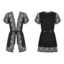 Charger l'image dans la galerie, Le magnifique déshabillé peignoir de chambre dispose de deux manches courtes en dentelle noire à motif floral transparent.