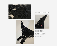 Charger l'image dans la galerie, String Laetitia en dentelle délicate de couleur noir pour femme.