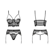 Charger l'image dans la galerie, Ensemble de lingerie en dentelle noire transparente de trois pièces comportant un soutien-gorge bustier, un string ficelle et un porte-jarretelles avec deux bretelles élastiques réglables.