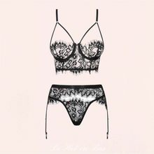 Charger l'image dans la galerie, Ensemble de lingerie pour femme en dentelle transparente noir de la marque Obsessive.