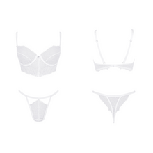 Charger l'image dans la galerie, Vente ensemble de lingerie deux pièces qui comporte un soutien-gorge et string en dentelle blanche disponible en deux tailles différentes.