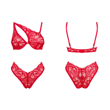 Charger l'image dans la galerie, Vente ensemble de lingerie deux pièces : soutien-gorge réglable et culotte échancrée en dentelle douce transparente rouge pour femme. Il est disponible en différente taille : 34/36 et 38/40 pour un ajustement parfait de votre corps ! Vous allez être incroyablement belle pour votre partenaire avec ce magnifique ensemble de la collection Atenica de la marque Obsessive.