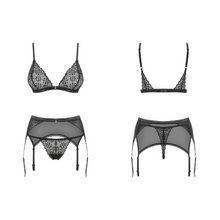 Charger l'image dans la galerie, Achat ensemble de lingerie pour femme vendu trois pièces comprenant un soutien-gorge en dentelle à triangle sans armature, un string noir assorti et un porte-jarretelles réglable en tulle transparent et confortable.