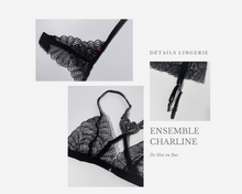 Charger l'image dans la galerie, Ensemble de lingerie en dentelle transparente pour femme de couleur noire de la marque Obsessive avec des détails érotiques chics.