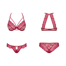 Charger l'image dans la galerie, Vente ensemble de lingerie deux pièces comportant un soutien-gorge avec lanières élastiques et une culotte en dentelle transparente à motif floral rouge pour femme, disponible sur notre boutique de lingerie au meilleur prix.