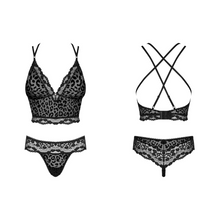 Charger l'image dans la galerie, Ensemble de lingerie fabriqué en tissu transparent avec motif animal léopard de couleur noir disponible en plusieurs tailles.