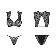 Charger l'image dans la galerie, Vente ensemble de lngerie deux pièces comportant un soutien-gorge avec deux larges bretelles et dos nageur en dentelle transparente et un string brésilien assorti en dentelle noire.