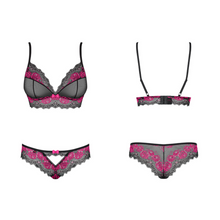Charger l'image dans la galerie, Achat ensemble de lingerie deux pièces : soutien-gorge sans armature et une culotte en dentelle douce et confortable de couleur noire et rose pour femme.