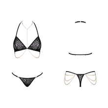 Charger l'image dans la galerie, Vente ensemble de lingerie deux pièces pour femme comportant un soutien-gorge avec chaînes dorées sensuelles et un string au motif animal sauvage léopard noir.