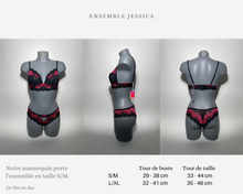 Charger l'image dans la galerie, Ensemble de lingerie en dentelle et tissu élastique disponible en taille S/M et L/XL pour femme. Guide des mesures disponibles sur notre site.