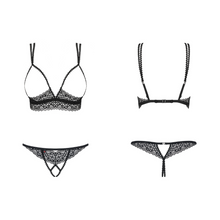 Charger l'image dans la galerie, Ensemble deux pièces de lingerie vendu au meilleur prix sur De Hot en Bas comportant un soutien-gorge ouvert sans armature et un string fendu en dentelle floral.