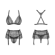 Charger l'image dans la galerie, Lingerie et sous-vêtement vendu en ensemble de trois pièces assortis comportant : un soutien-gorge sans armatures, un large porte-jarretelles taille haute et un string en dentelle à motif transparent noir.