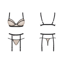 Charger l'image dans la galerie, Ensemble de lingerie trois pièces de la collection Nudelia comportant un soutien-gorge en tulle beige et noir, un string assorti et un porte-jarretelles fin élastique et réglable. Disponible sur notre loveshop en ligne au meilleur prix.