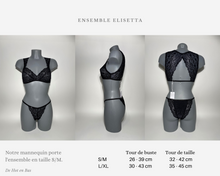 Charger l'image dans la galerie, Guide des tailles de la marque Obsessive pour cet ensemble de lingerie Elisetta en dentelle noire.