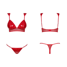Charger l'image dans la galerie, Achat ensemble de lingerie en tissu brillant de couleur rouge comportant un soutien-gorge et un string assorti élastique.