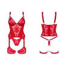 Charger l'image dans la galerie, Achat ensemble de lingerie guêpière corset moulant en dentelle et tissu rouge vif de la collection Belovya pour femme. Disponible sur notre boutique de lingerie en ligne au meilleur prix.