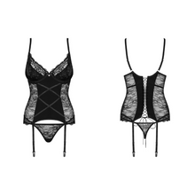 Charger l'image dans la galerie, Vente ensemble de lingerie guêpière en dentelle noire semi transparente pour femme de la marque Obsessive disponible sur notre boutique en ligne De Hot en Bas au meilleur prix.