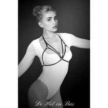 Charger l'image dans la galerie, Harnais de corps de la collection Morgane de haute qualité en élastique noir pour vos tenues fétichiste chic.