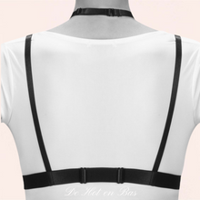 Charger l'image dans la galerie, Harnais de corps sangle de poitrine en Polyester élastique sexy bandage clubwear costume noir pas cher.