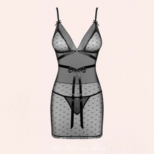 Charger l'image dans la galerie, Nuisette sexy en dentelle noire transparente, à motif petit pois.