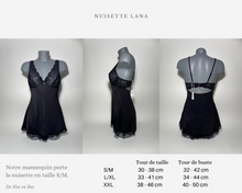 Charger l'image dans la galerie, Nuisette sexy en dentelle noire pour femme avec toutes les mesures nécessaires disponibles, pour correctement choisir votre taille facilement.