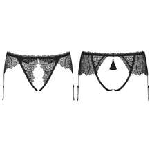 Charger l'image dans la galerie, Vente de lingerie culotte porte-jarretelles en dentelle noire avec ouverture à l'entrejambe de la marque Obsessive disponible sur notre loveshop en ligne au meilleur prix.