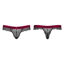 Charger l'image dans la galerie, Achat string en dentelle avec couture bordeaux velours avec nœud à l'avant de la marque Obsessive disponible sur notre boutique de lingerie au meilleur prix.